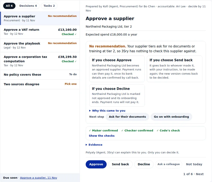 For you, on the sample company that comes with 3Sry: the decisions and tasks waiting for the owner, and one of them open, a new supplier to approve, with the maker's, the checker's and the code's checks ticked.