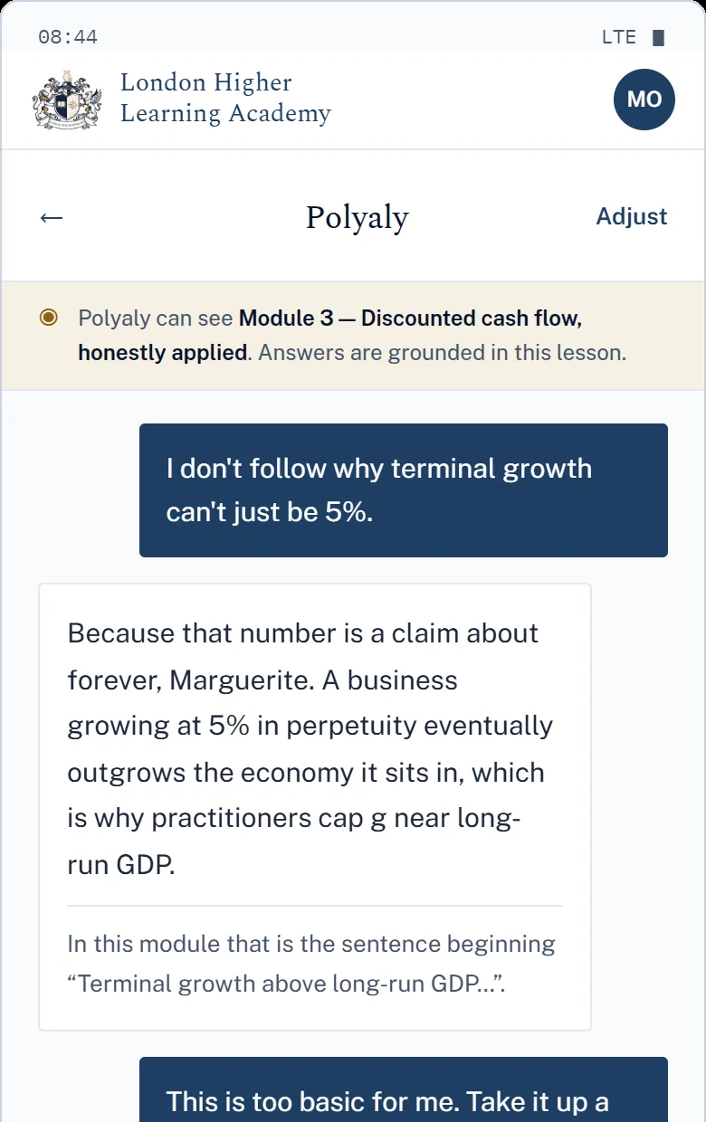 Polyaly answering a question about terminal growth, grounded in the module the student is reading, with the source sentence quoted back.